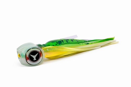 Green holographic wahoo trolling lure with skirt and mylar wings — Abacoa Design Raptor