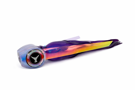 Purple holographic wahoo trolling lure with skirt and mylar wings — Abacoa Design Raptor