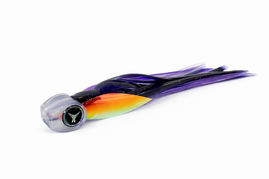 Purple holographic wahoo trolling lure with skirt and mylar wings — Abacoa Design Hornet