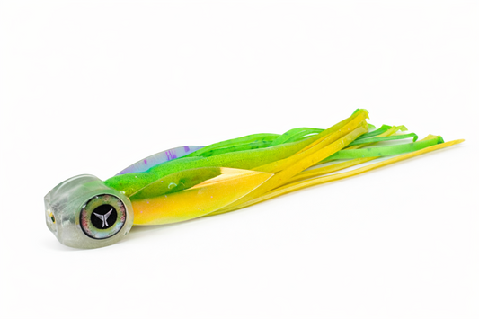Green holographic wahoo trolling lure with skirt and mylar wings — Abacoa Design Hornet